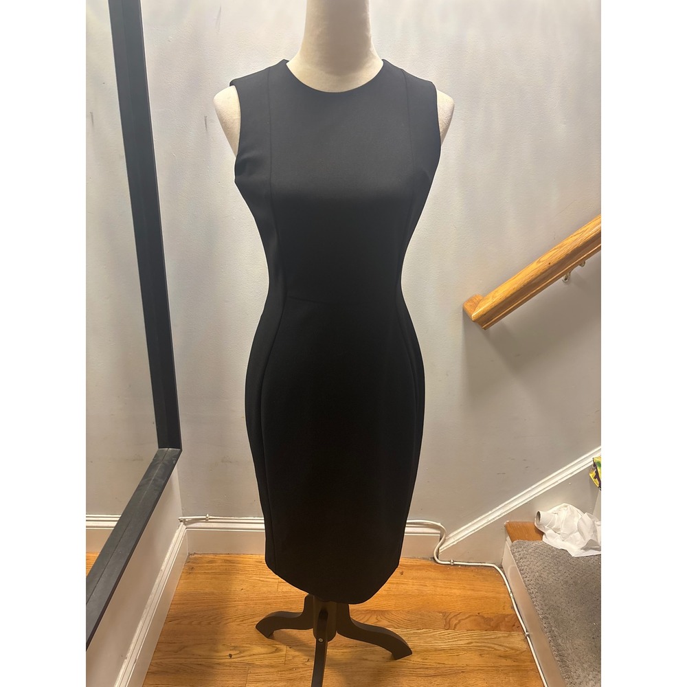 Calvin‎ Klein Sheath Dress Womens 4 Black Sleeveless Gold Zip Crepe